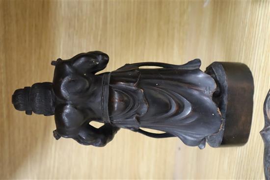 Two Japanese carved wood figures, Chinese and Japanese wood stands tallest 25cm